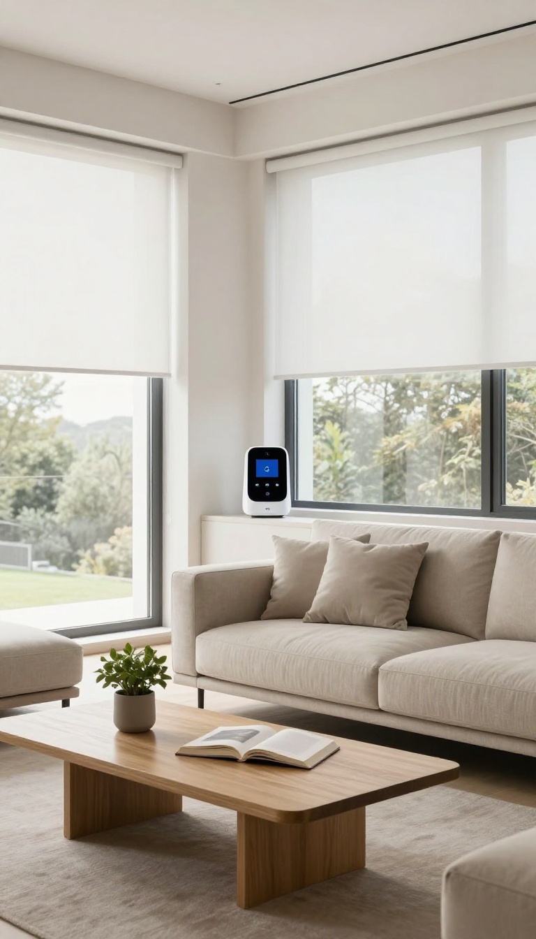 Modern living room with smart blinds filtering natural light