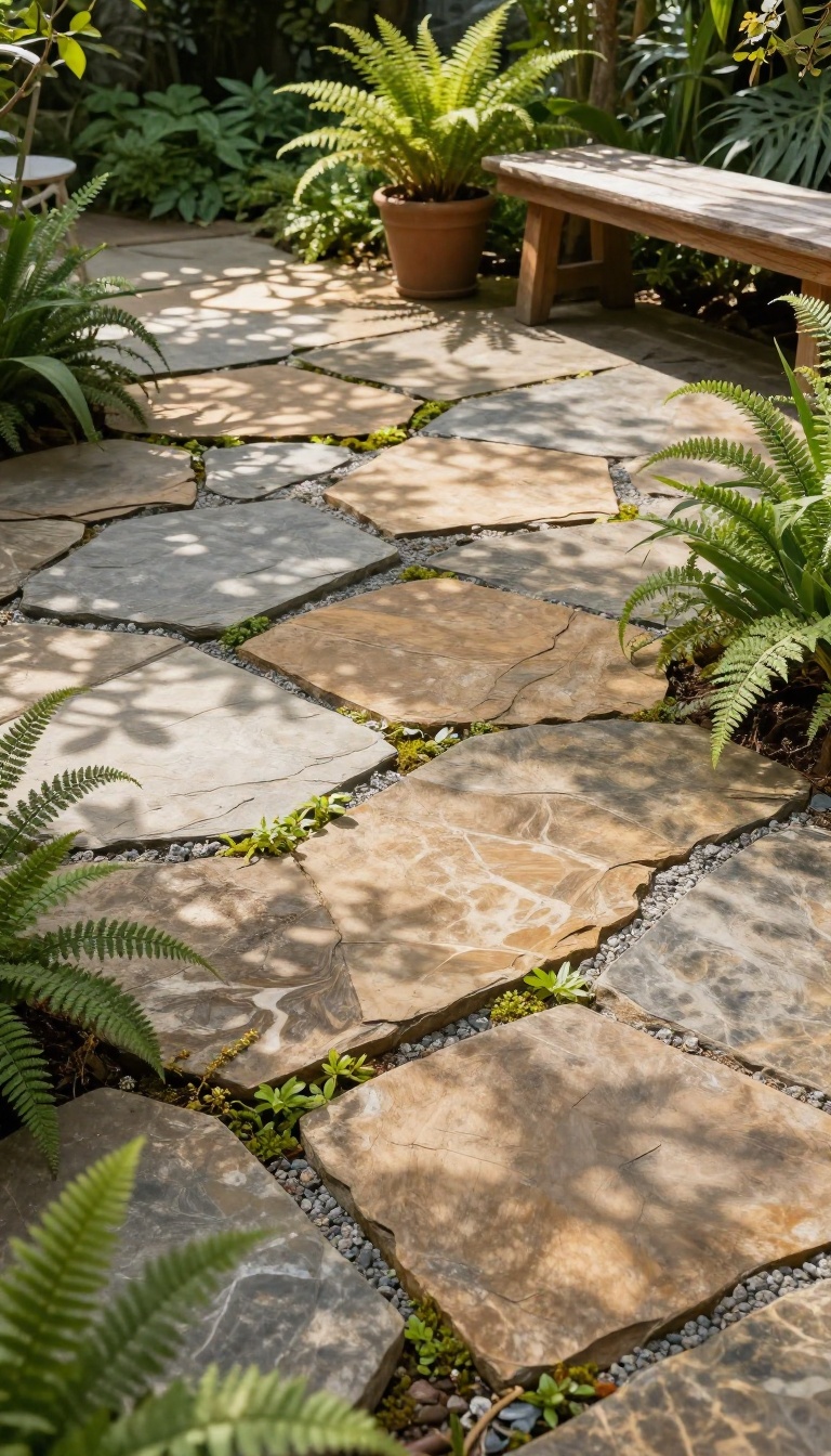Irregular flagstone patio with natural stone edges and creeping plants in a garden setting