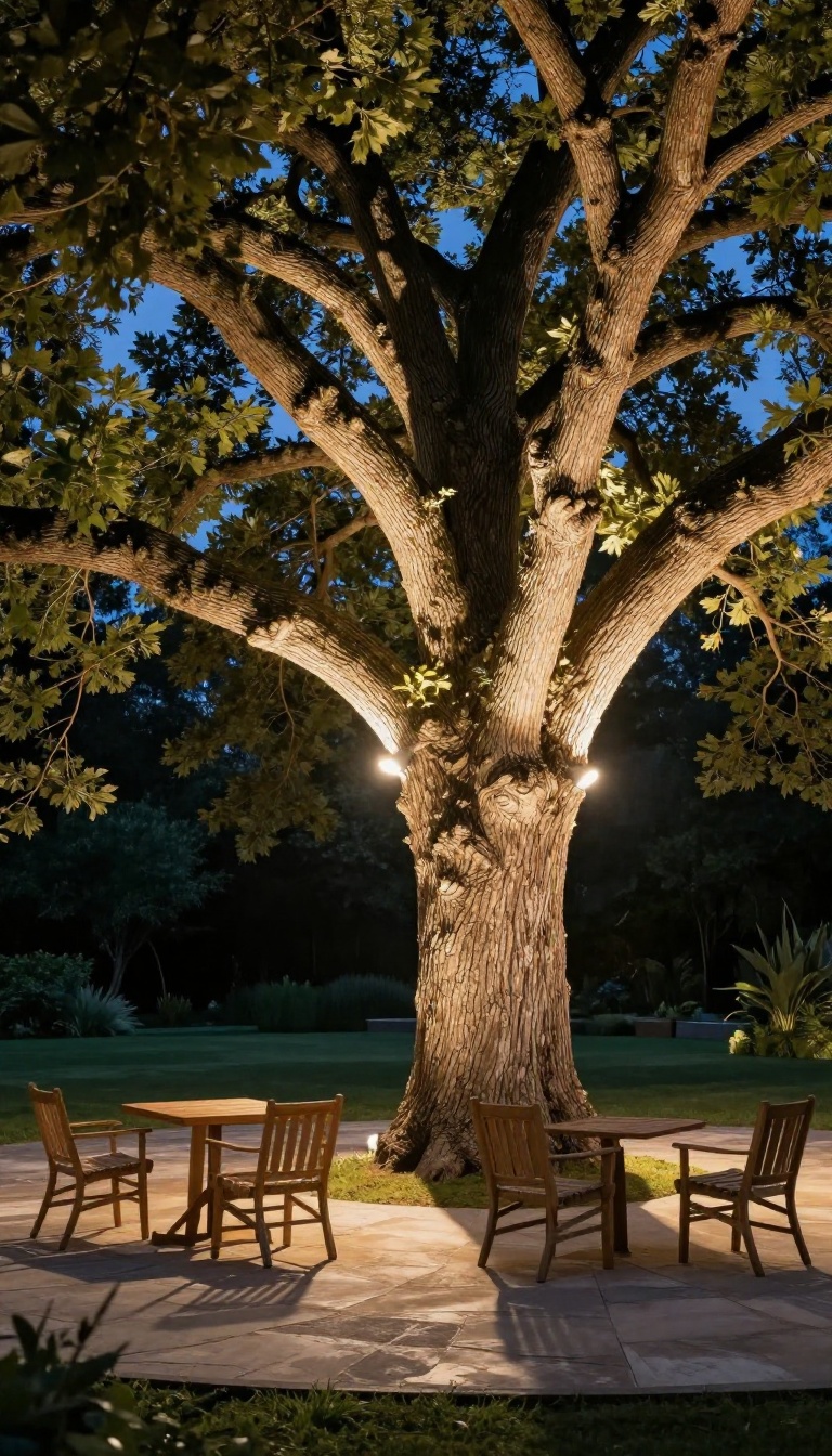 Uplighting a tree on a patio to create depth and drama in the evening.