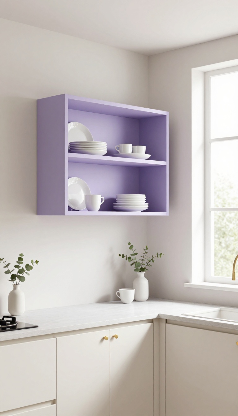 Open kitchen shelves with soft lavender painted interiors, displaying white dishes and a vase, in a bright modern kitchen.