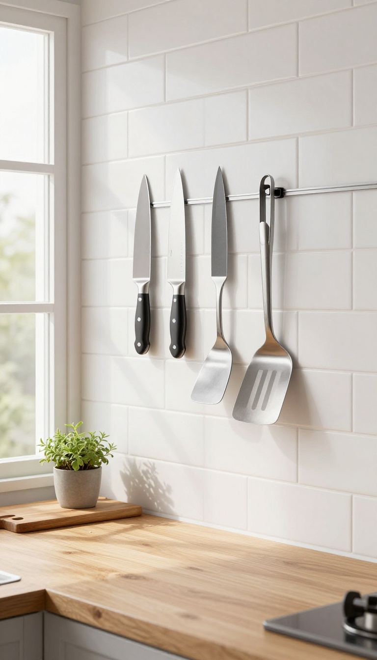 Magnetic strip on kitchen backsplash holding knives and metal utensils