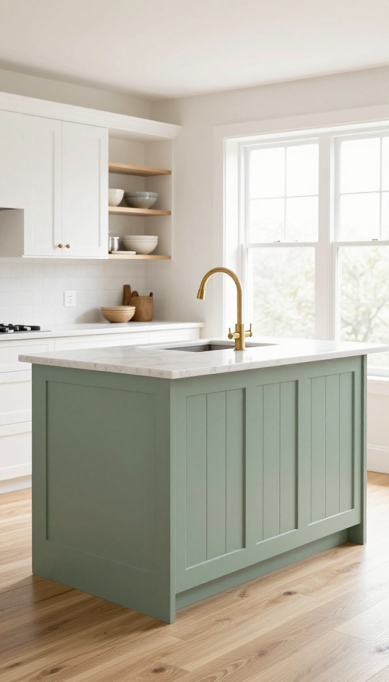 Modern kitchen island with sage green tongue and groove paneling and white quartz countertop