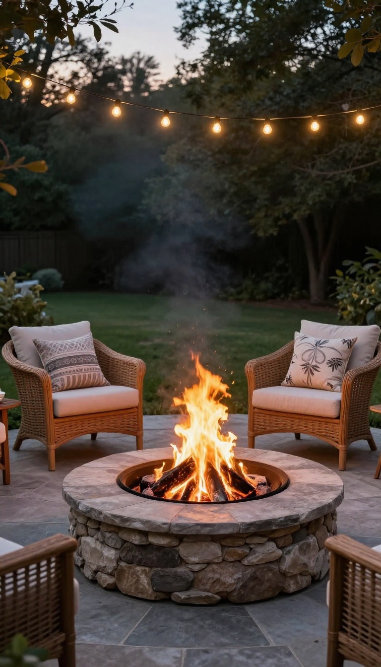 Cozy patio with a stone fire pit, surrounded by comfortable seating and warm lighting.
