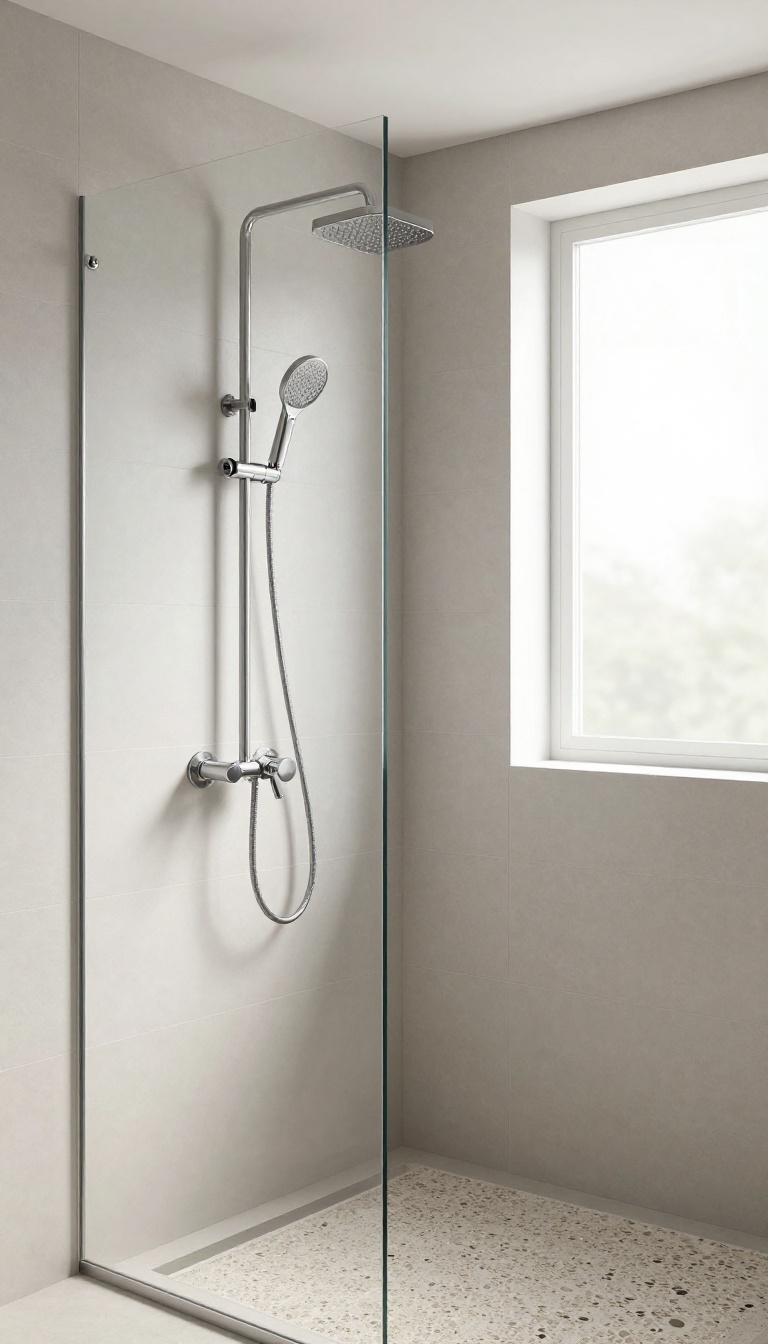 Modern compact standup shower with dual showerheads: ceiling rain shower and handheld on slide bar, bright natural light, spa-like atmosphere