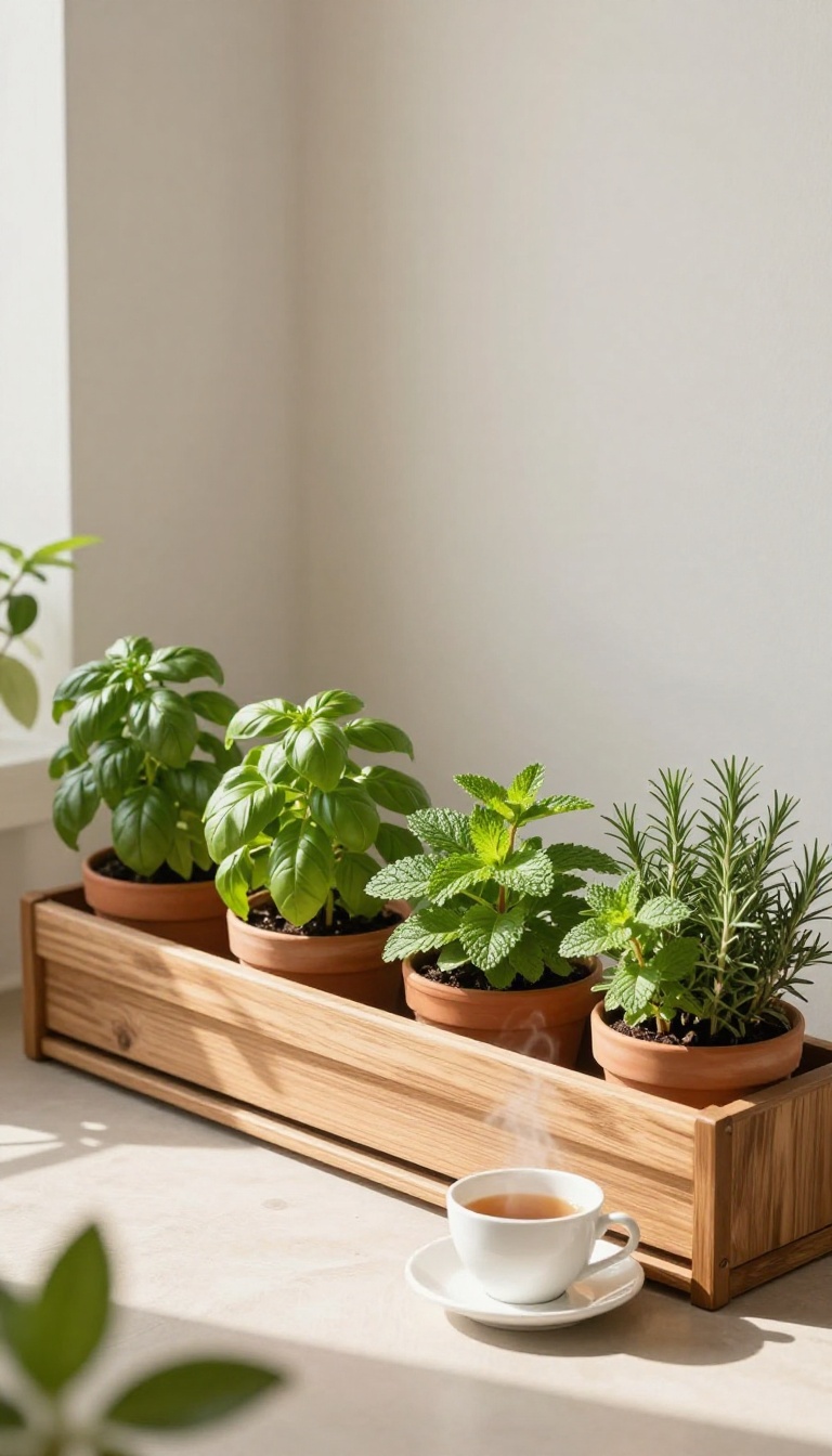 Apartment patio with vertical herb garden in containers, featuring basil, mint, and rosemary in terracotta pots, bright natural light.