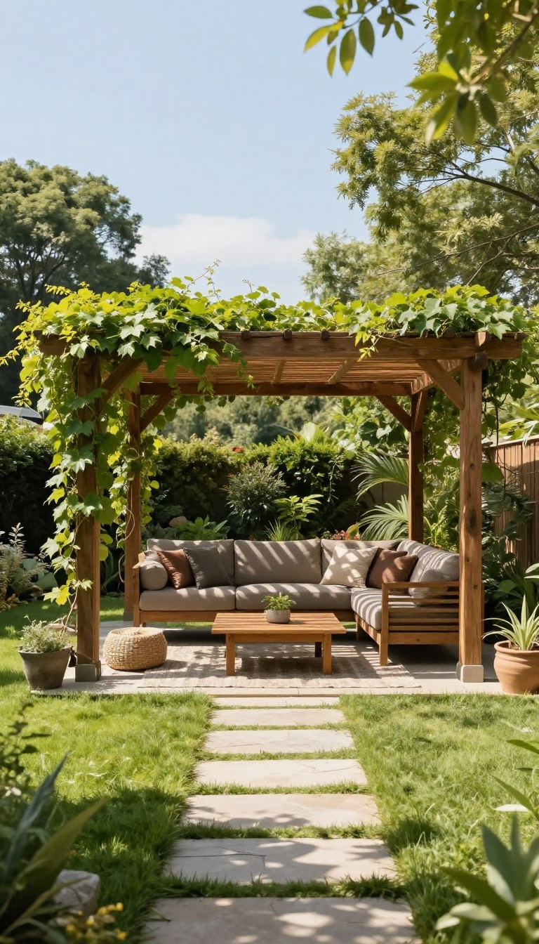 Freestanding wooden pergola with lounge furniture in a sunny backyard