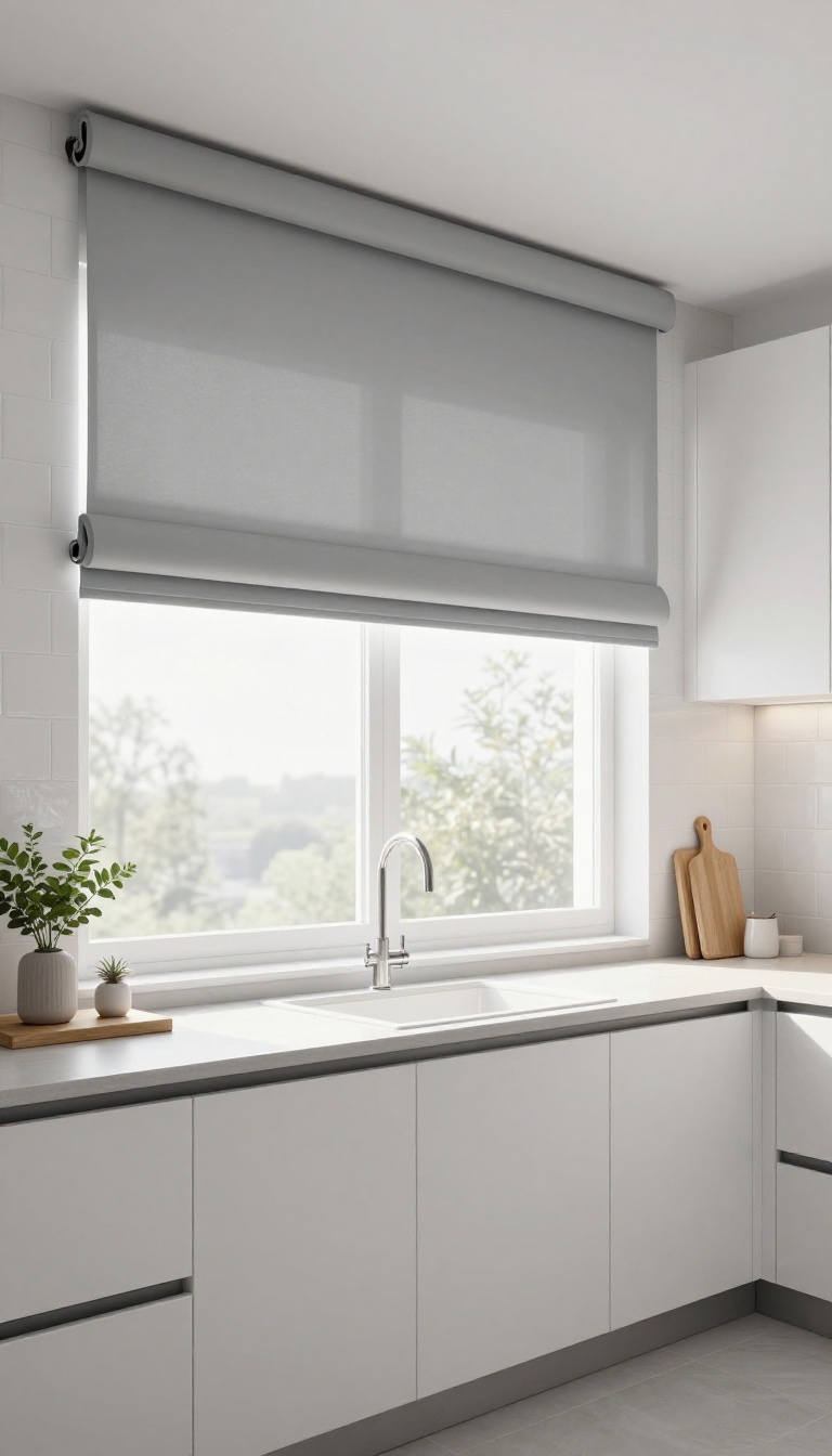 Modern kitchen with a water-repellent roller shade above the sink, partially rolled up, in bright natural light.