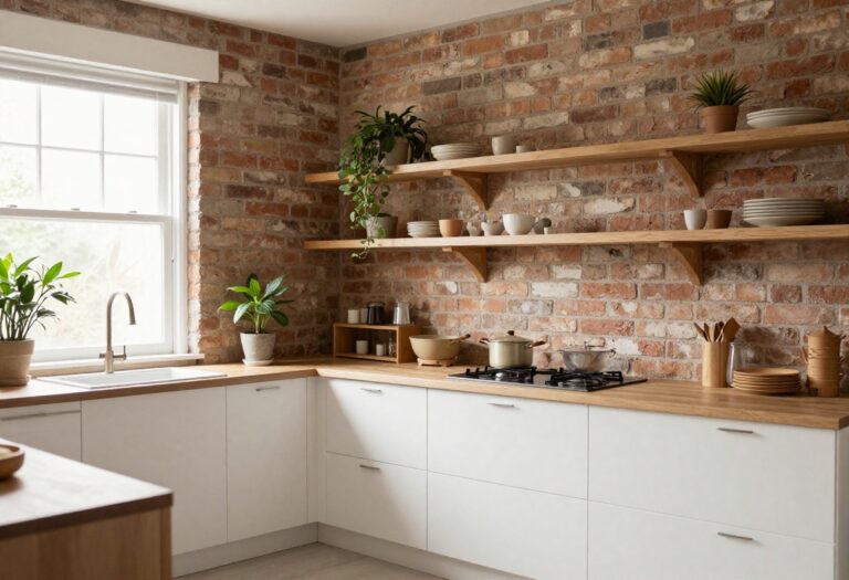 Cozy kitchen with exposed brick wall and wooden shelves