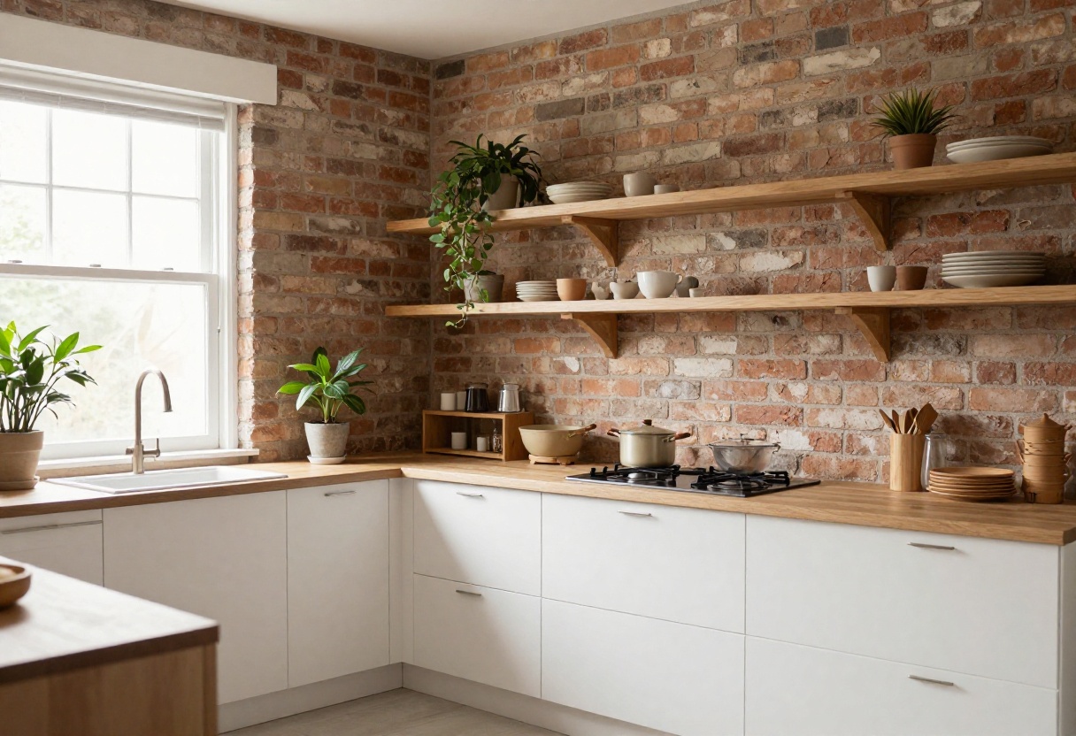 Cozy kitchen with exposed brick wall and wooden shelves