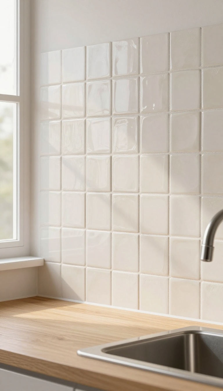 Close-up of a cream zellige tile backsplash in a bright modern kitchen with wooden countertop and sink