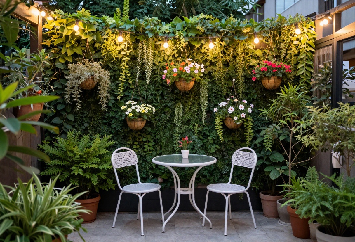 Small patio garden with vertical planters and bistro set