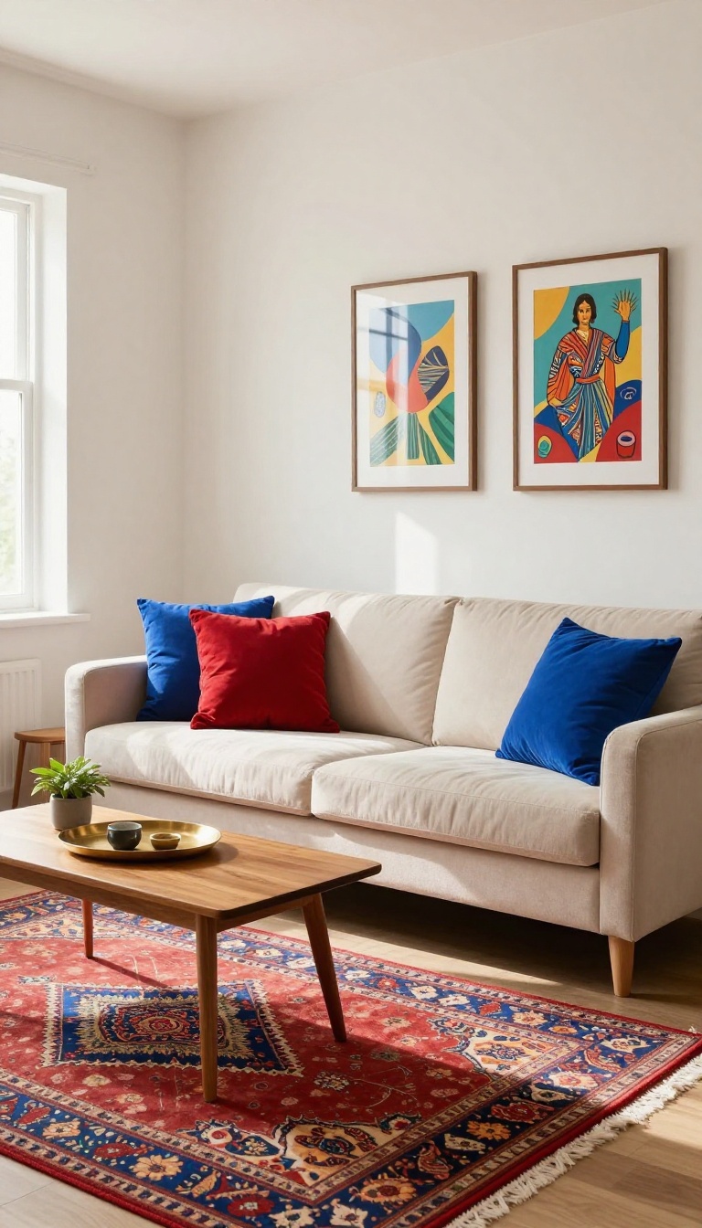 Small Indian living room with light color palette and bold accent cushions and rug