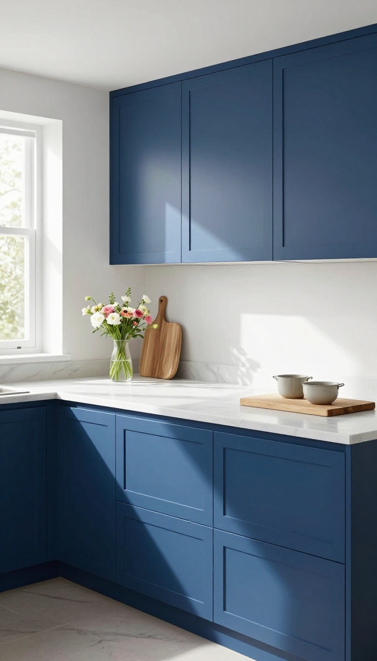 Modern kitchen island with navy blue painted panels, white countertops, and natural light