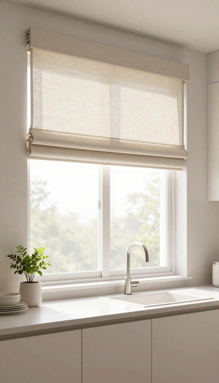 Top-down bottom-up shades above a kitchen sink, letting in light while providing privacy.