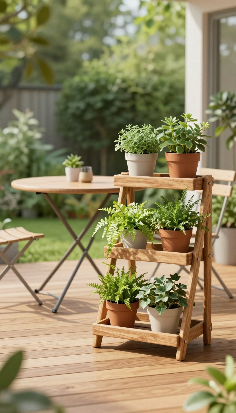Tiered wooden plant stand on a patio with potted plants, maximizing vertical space