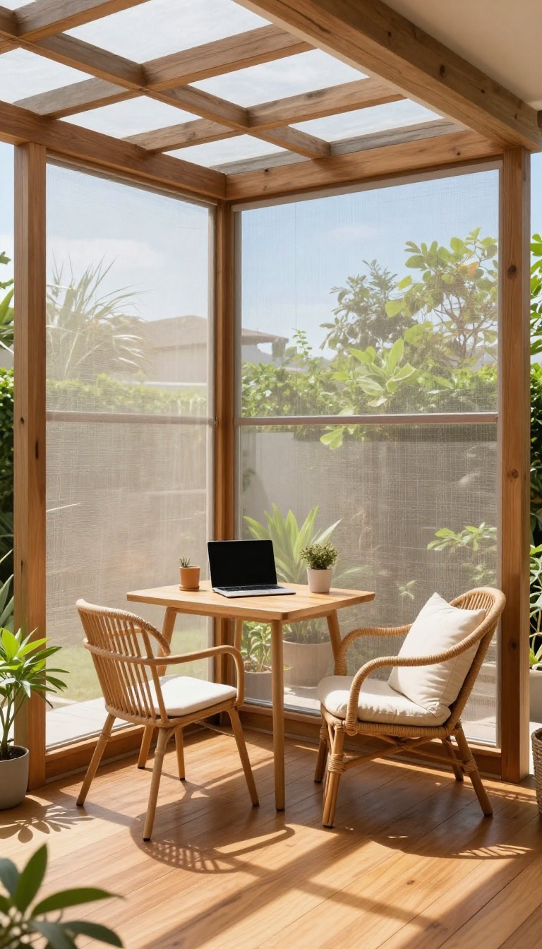 A multi-purpose screen room attached to a patio, furnished with dining area, reading nook, and a small desk, surrounded by greenery.