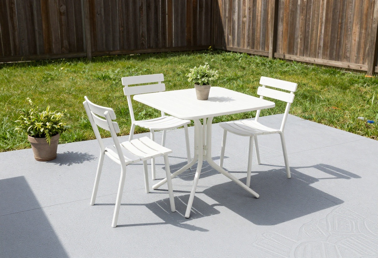 Patio with painted concrete floor and stenciled pattern, bistro table, and potted plant