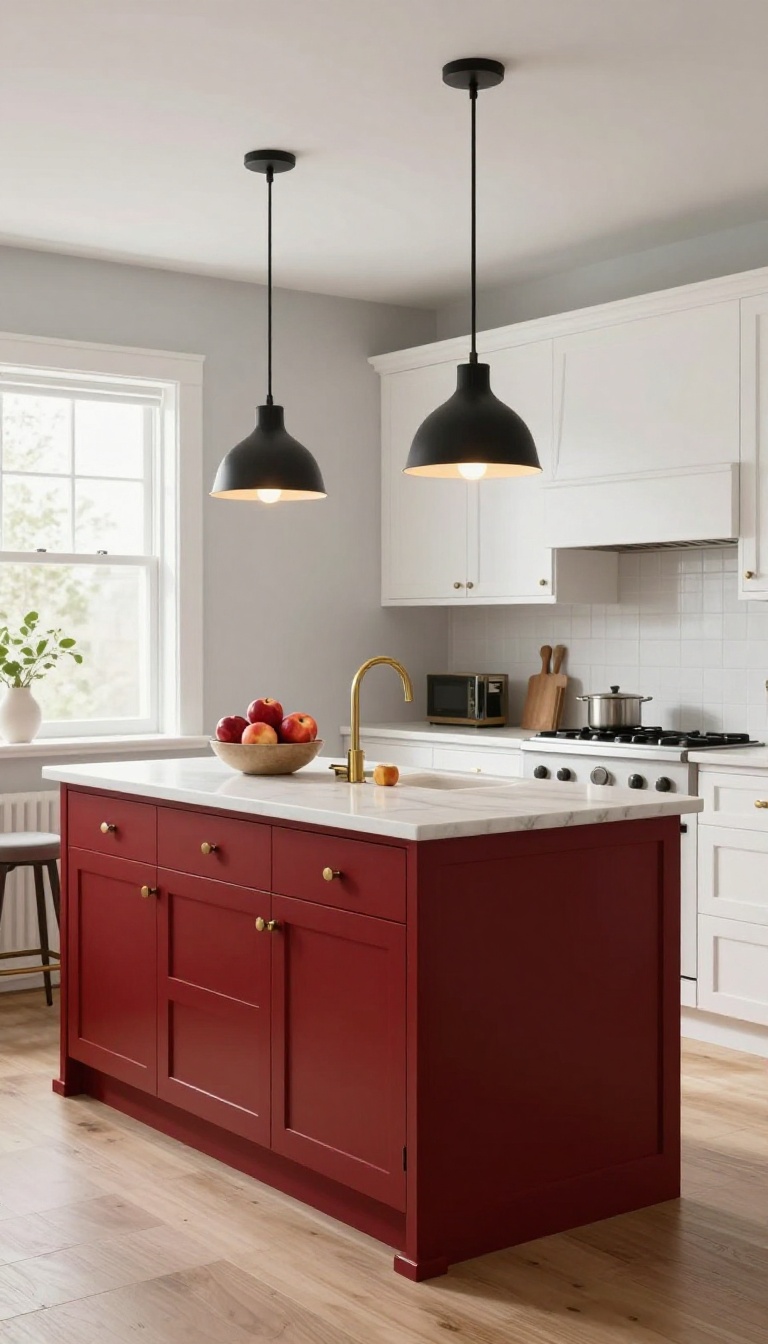 Red kitchen island as the focal point in a bright, neutral kitchen