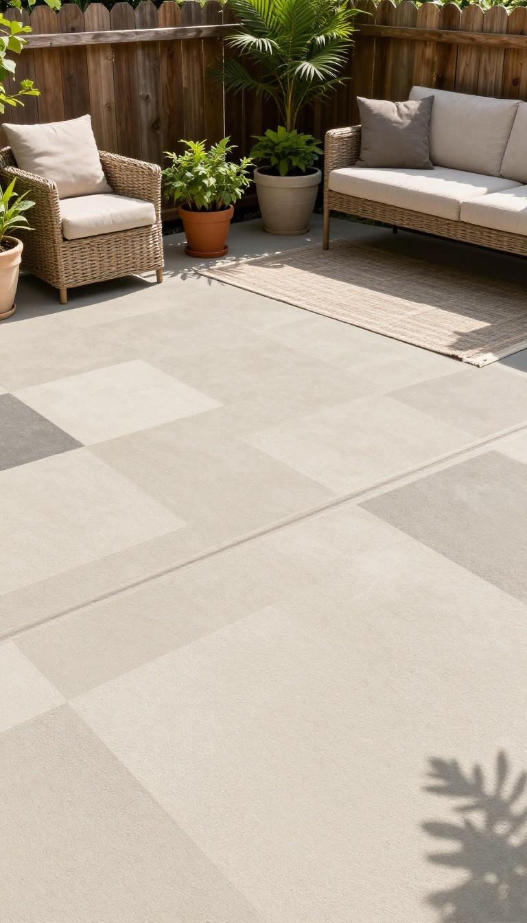 A painted concrete patio floor with a geometric pattern, surrounded by plants and outdoor furniture in bright natural light.