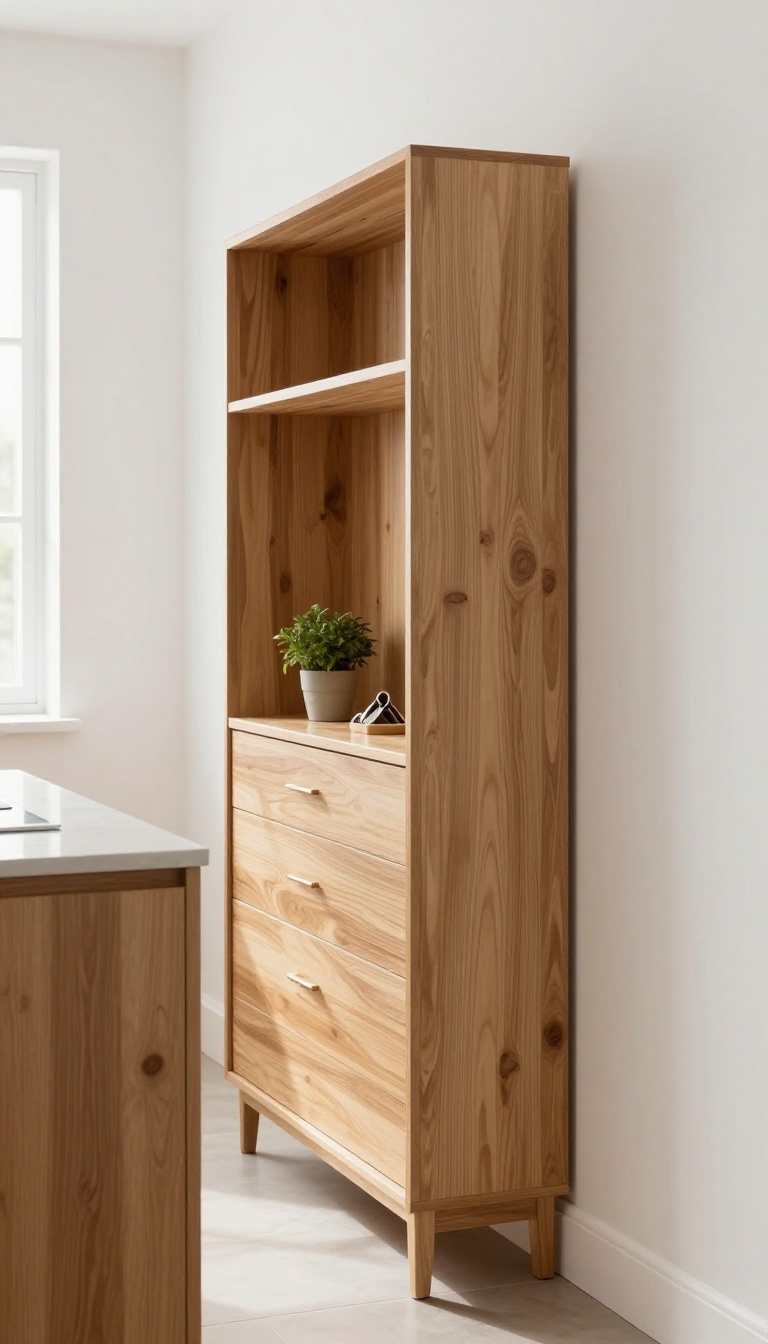Slim sideboard in a small kitchen with light wood finish and minimal decor