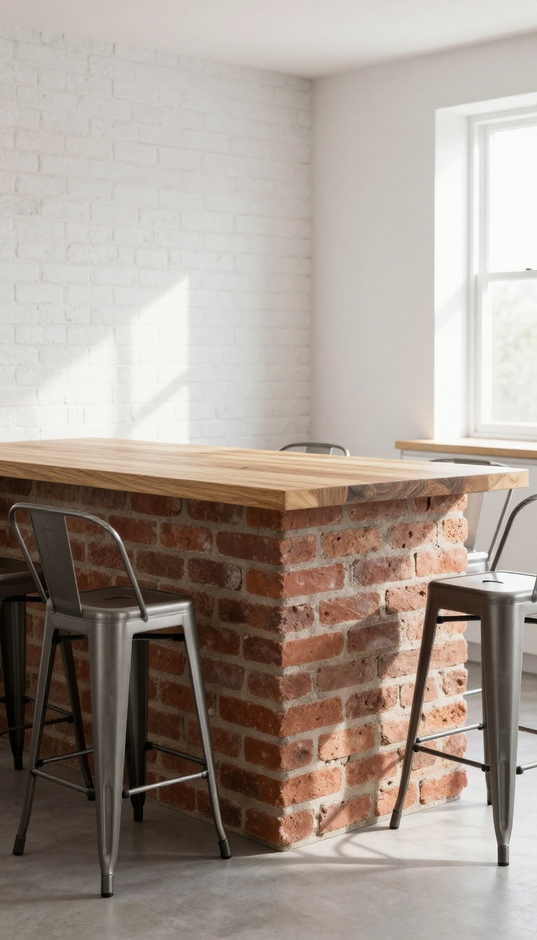 Kitchen island with brick base and butcher block top, surrounded by cozy kitchen decor