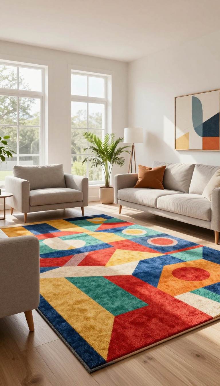 Modern living room with a large, colorful geometric rug anchoring the seating area, in bright natural light.