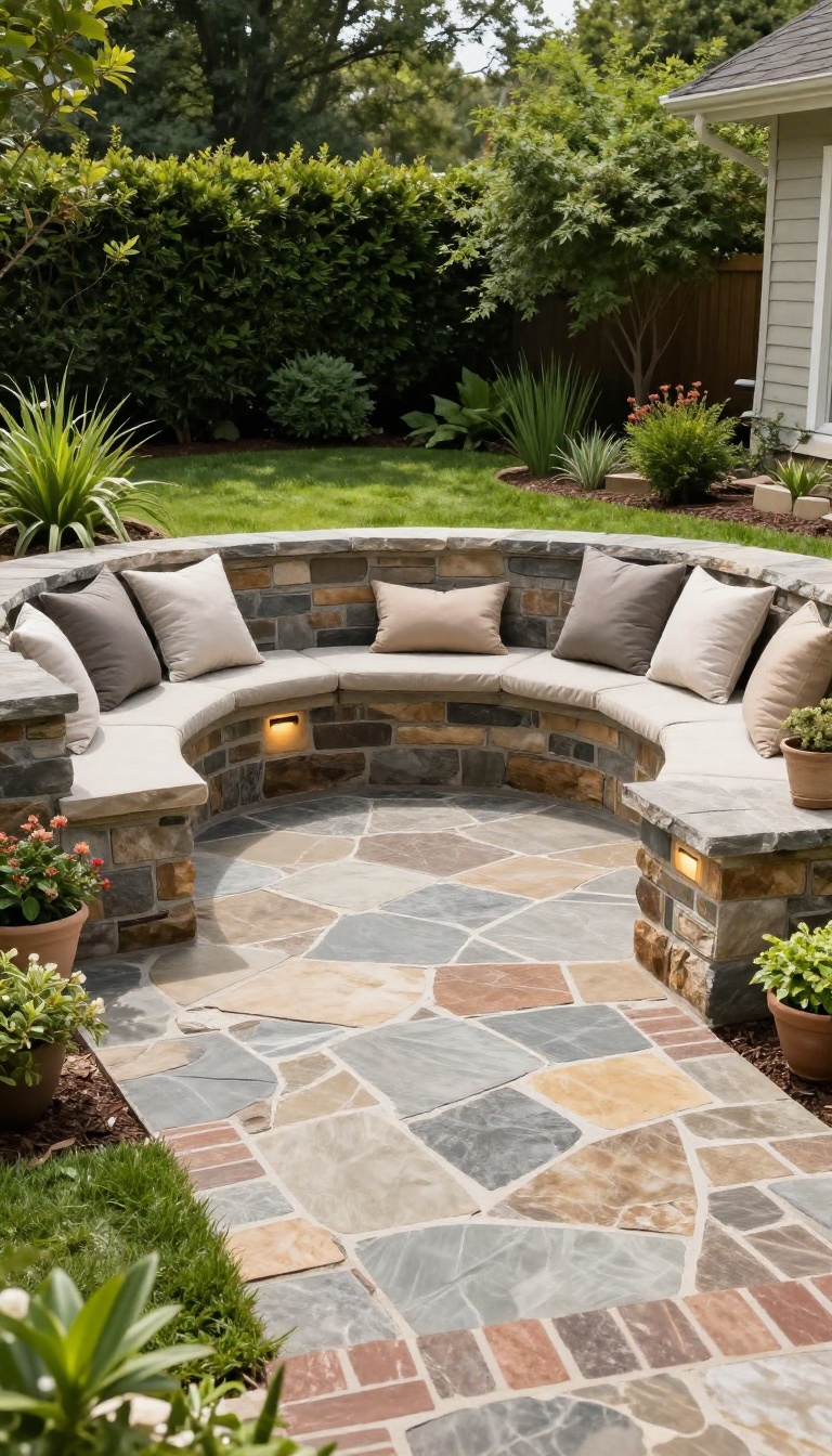 Sunken flagstone seating area with built-in benches and retaining walls in a sloped backyard