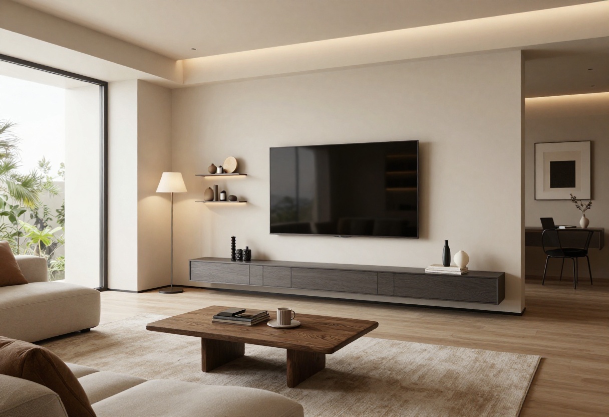 Modern living room with a wall-mounted TV and floating shelves entertainment center