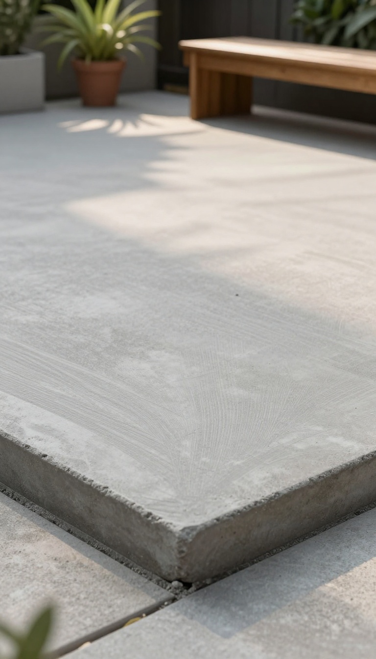 DIY broom-finished concrete patio slab with textured surface and simple outdoor seating