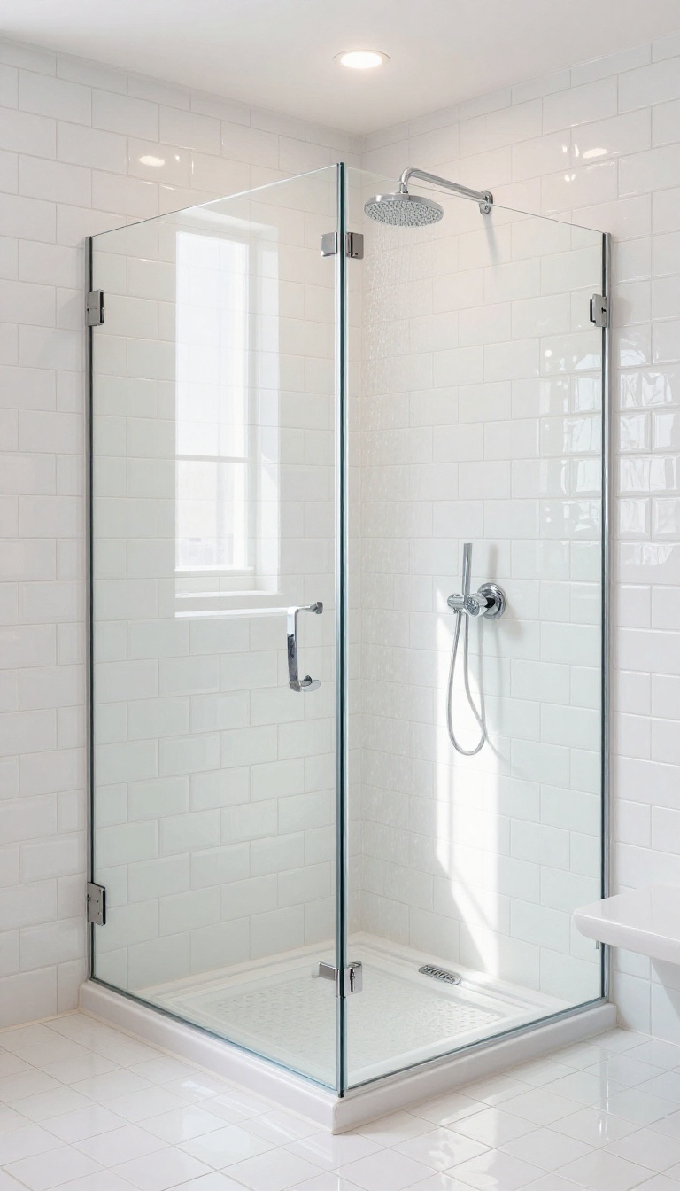 Bright basement shower with light-colored large tiles reflecting light