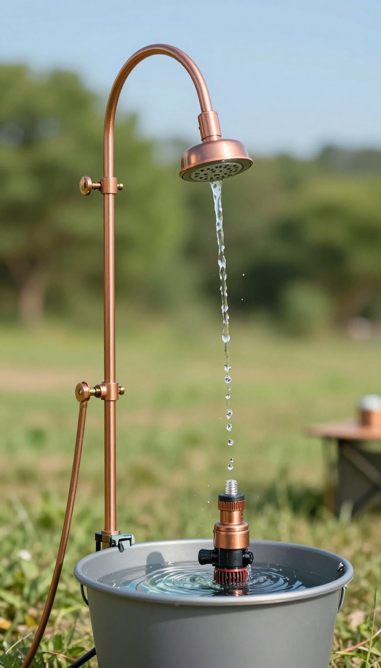 DIY camping shower with copper coil heater and camp stove