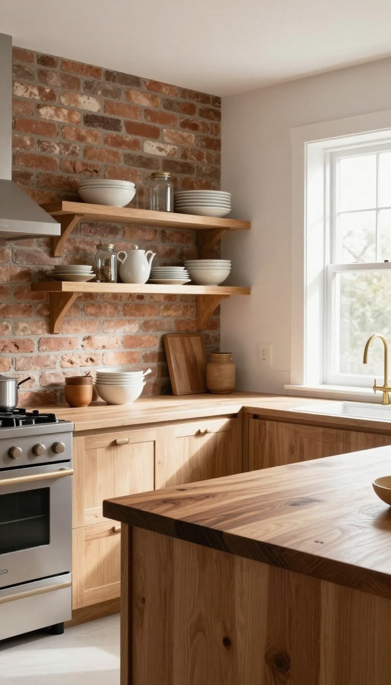 Cozy kitchen with brick wall, warm wood open shelves, and butcher block countertop