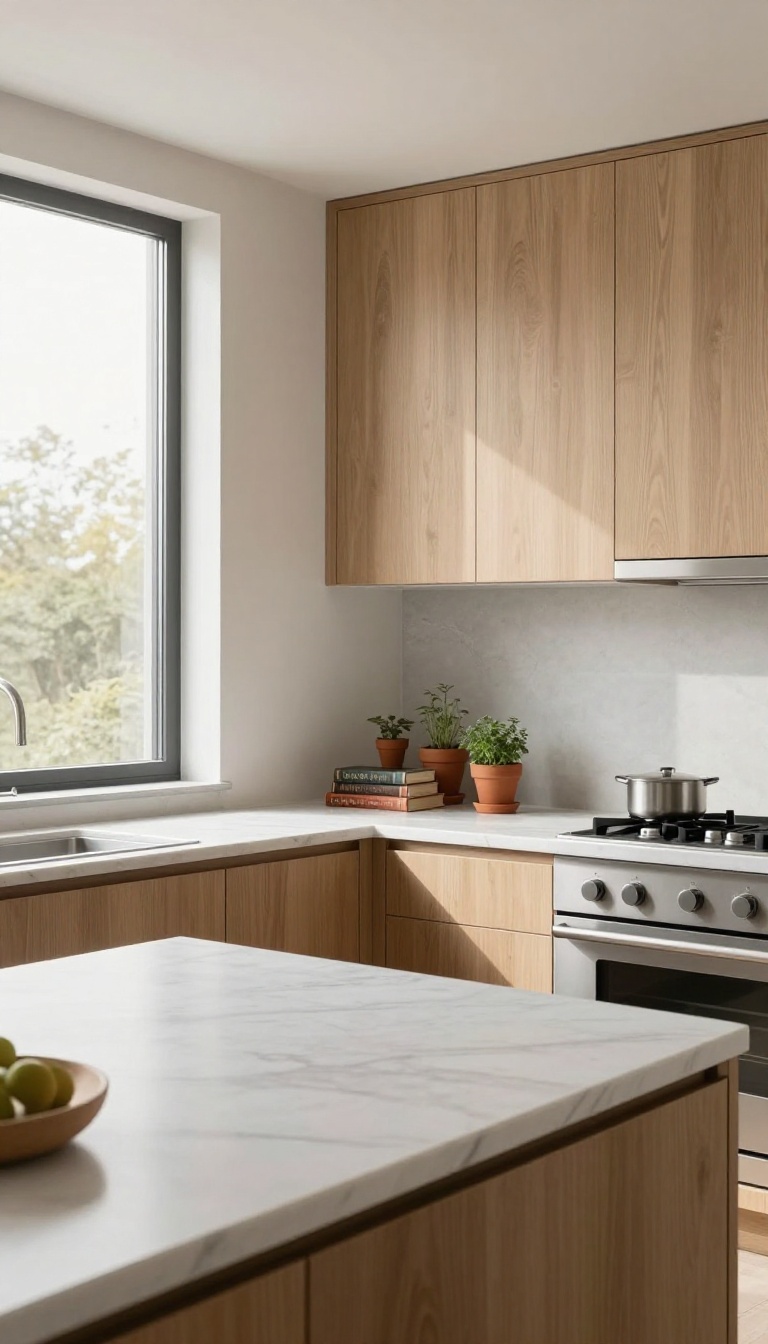 Concrete window sill in a kitchen with herbs and cookbooks