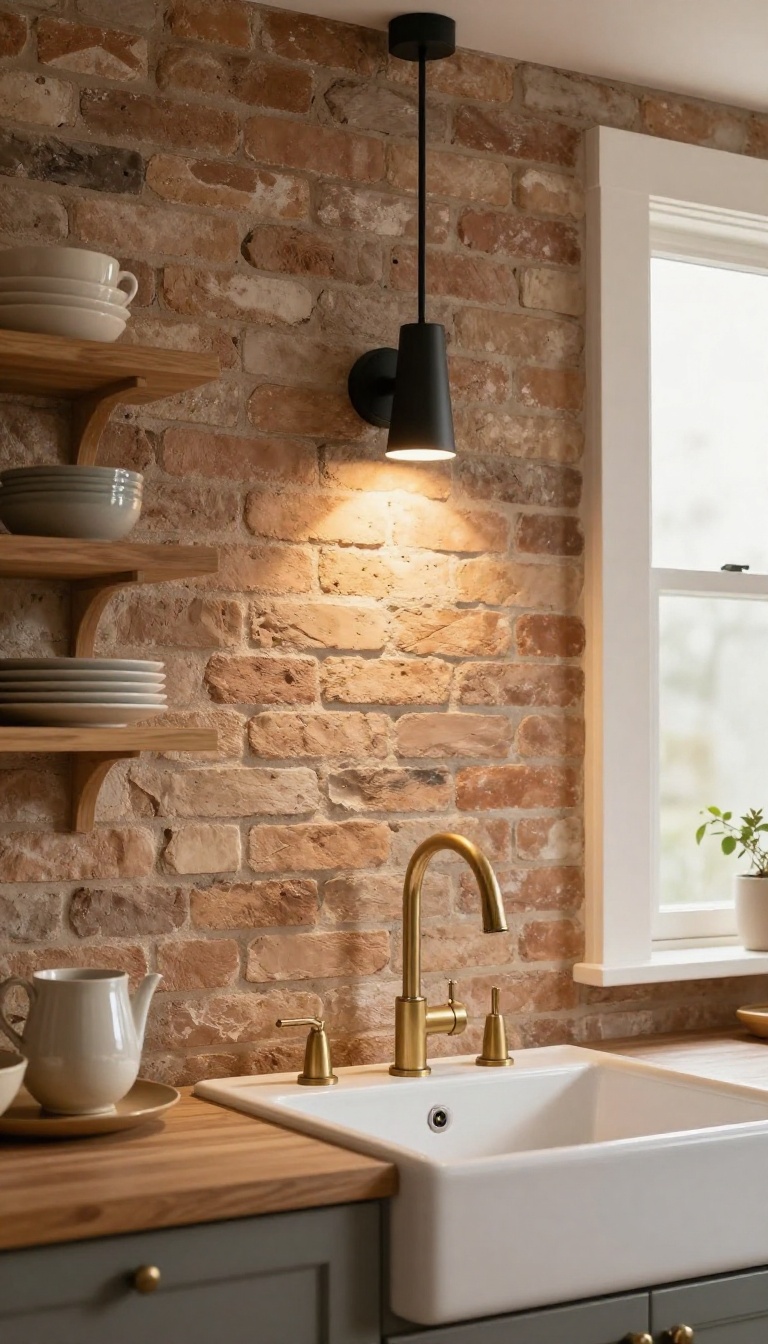 Cozy brick wall kitchen with accent lighting highlighting texture