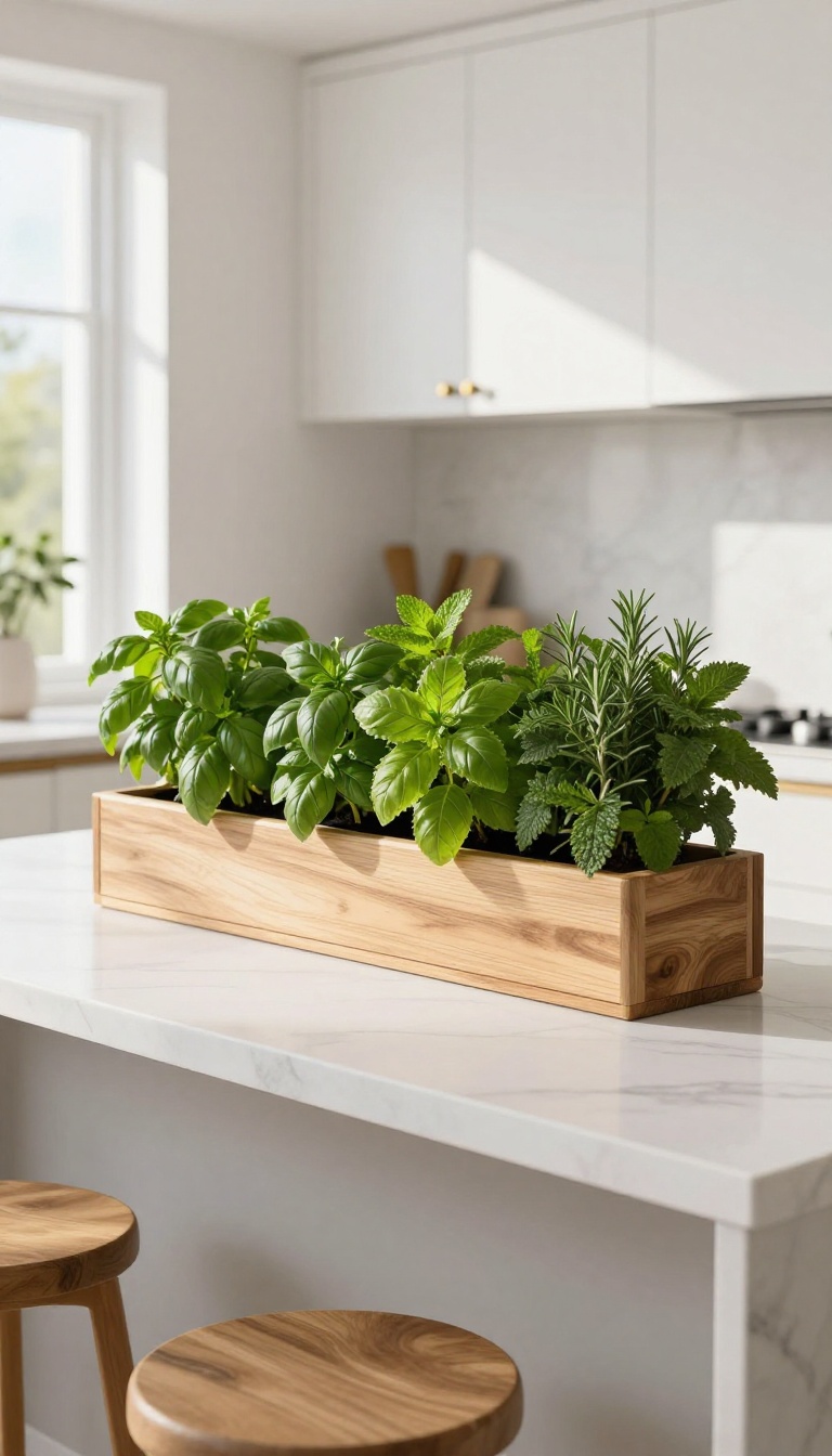 Bright kitchen breakfast bar with a built-in herb garden, featuring fresh basil, mint, and rosemary in a wooden planter, natural light, modern decor