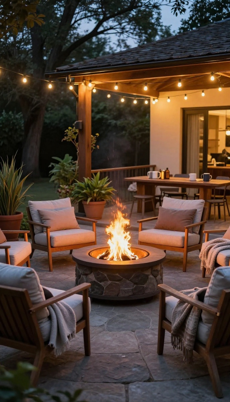 Cozy patio with a stone fire pit surrounded by comfortable seating and warm lighting