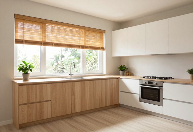 Modern kitchen with bamboo blinds letting in soft natural light