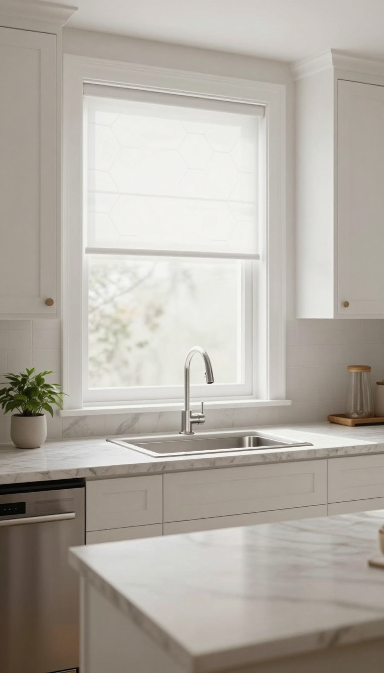 Kitchen window with white cellular shades above the sink, soft natural light, modern white cabinets and marble countertop