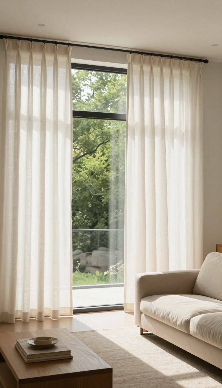 Elegant floor-to-ceiling linen curtains in a bright living room, hanging high and wide to create a polished, spacious feel.