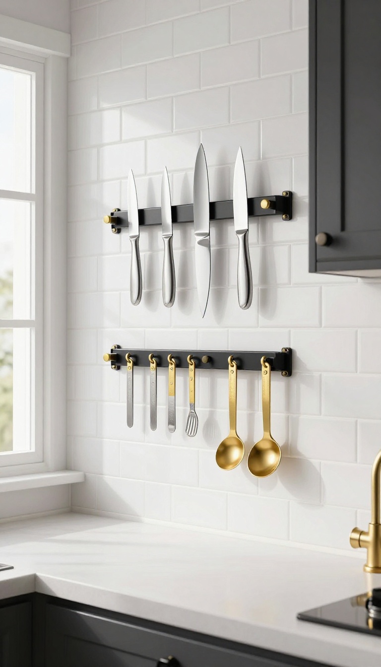 Black and gold magnetic knife rack on a white tile backsplash in a compact kitchen