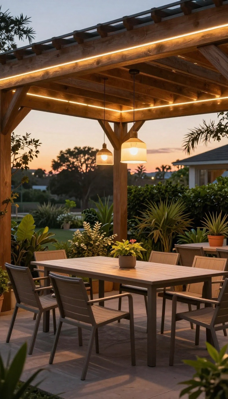 A pergola with integrated lighting over an outdoor dining area at dusk, creating a warm and inviting ambiance.