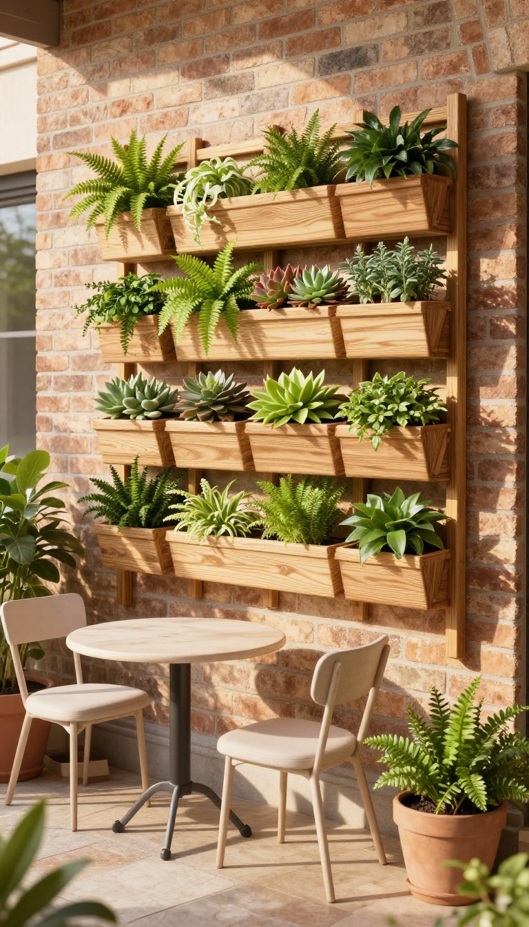 A vertical garden wall with ferns, succulents, and herbs on a patio corner, with a small bistro table and chairs.