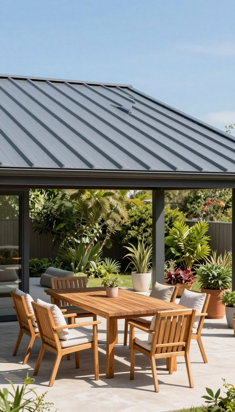 Patio with insulated metal roof attached to house, showing a comfortable outdoor seating area