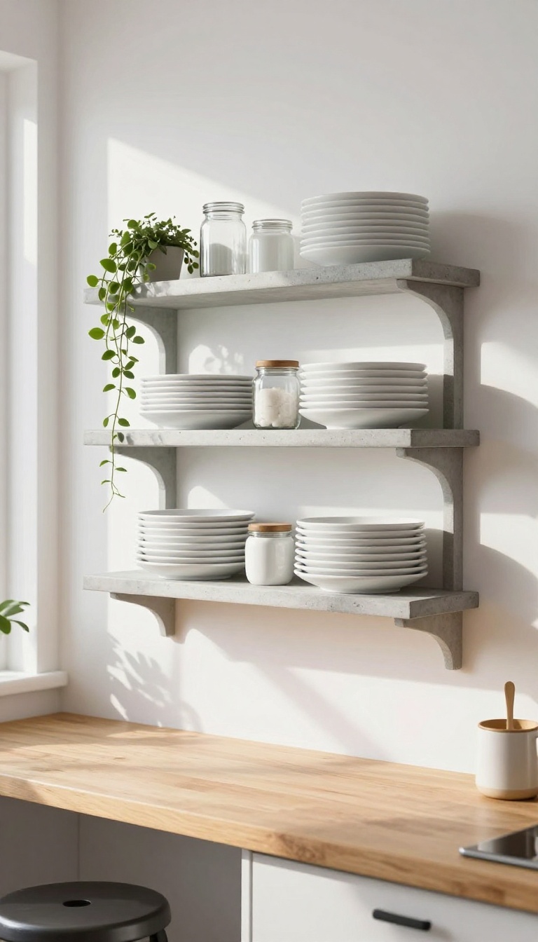 Concrete open shelves in a bright kitchen, styled with plates and a plant