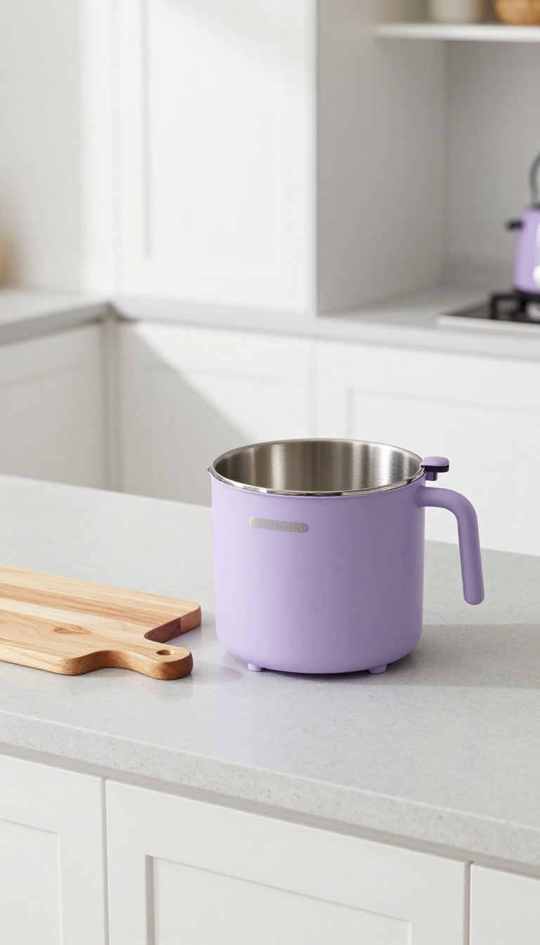 Purple stand mixer and small appliances on a bright kitchen countertop