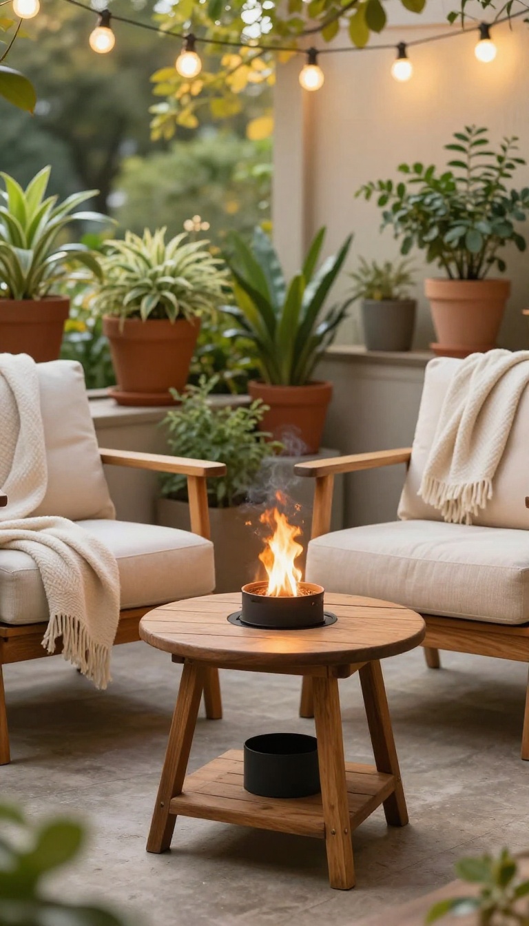 Compact fire pit on a small patio with cozy seating and string lights