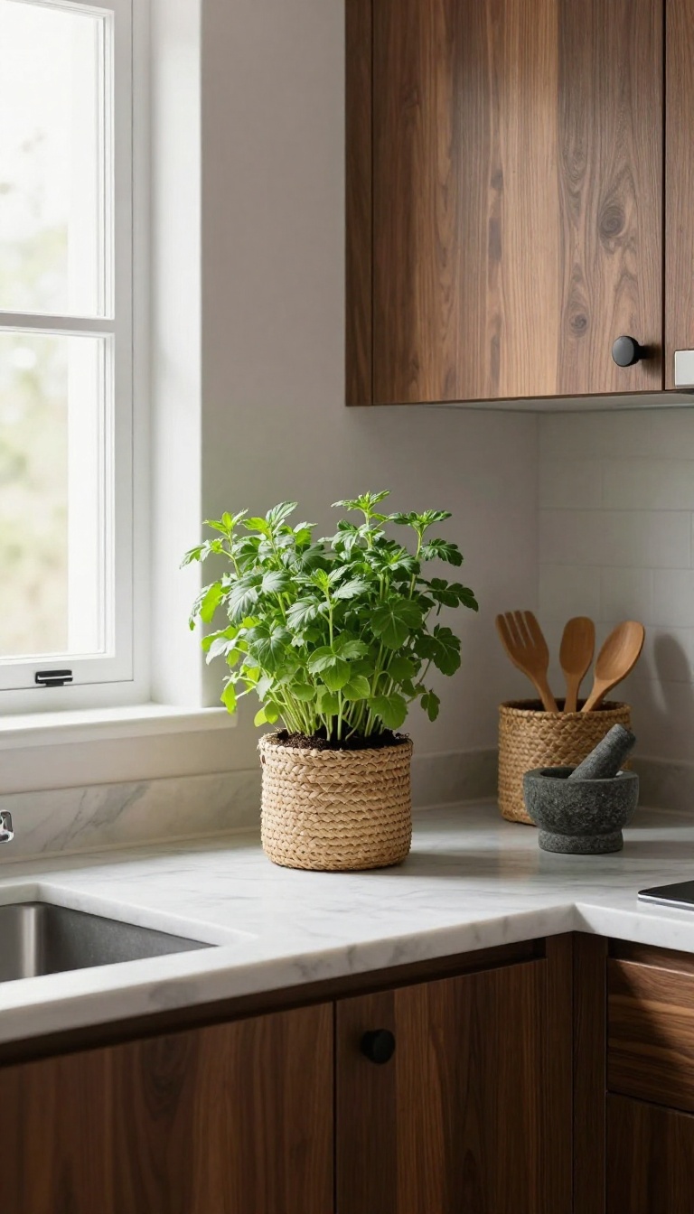 A bright kitchen with dark wood cabinets, a potted herb plant on the counter, and a woven basket with wooden utensils, highlighting natural elements.