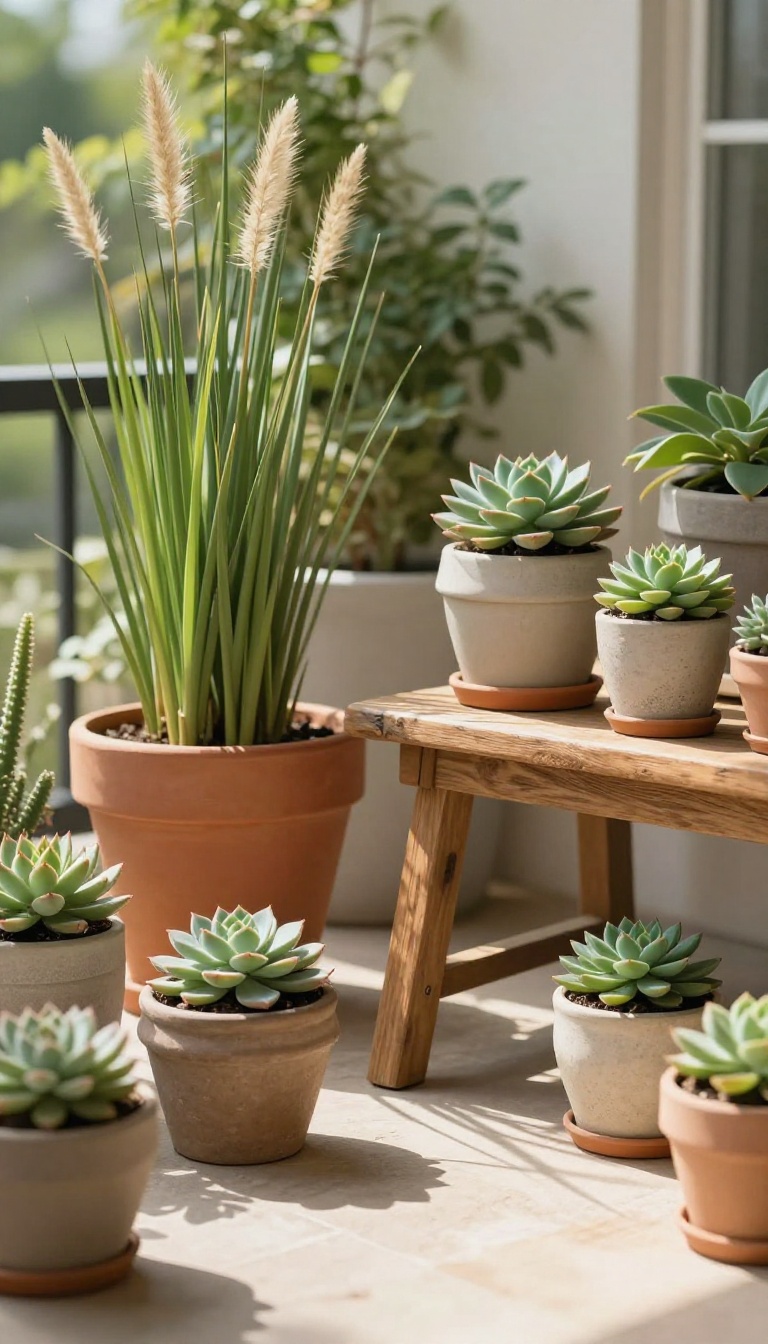 Small patio with potted plants of varying heights arranged for depth and visual interest