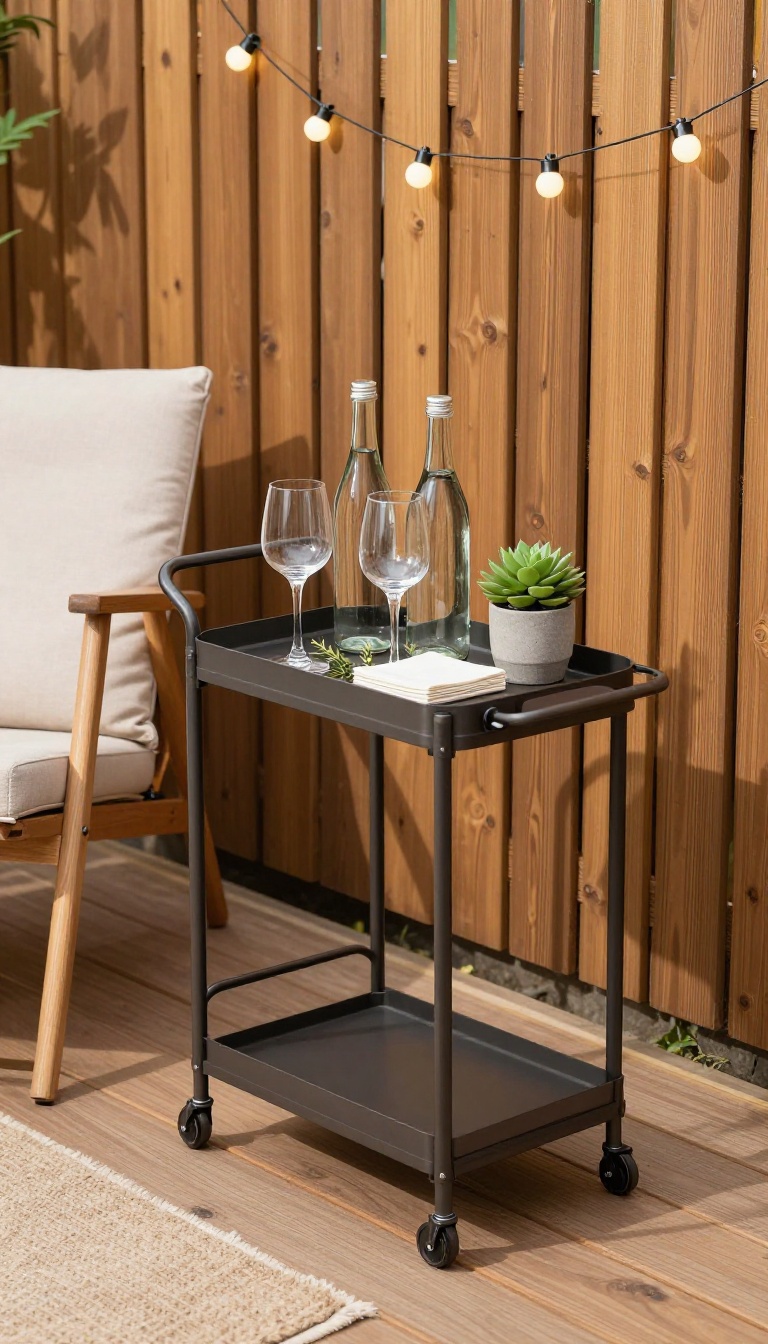 A small patio with a bar cart styled as a mobile drink station, featuring drinks, glassware, and a plant, set against a wooden fence with fairy lights.