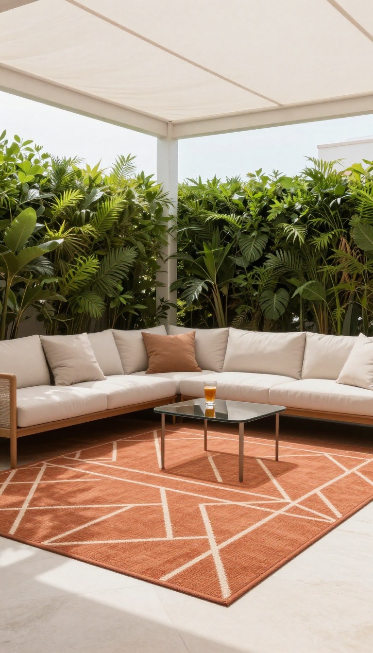 Cozy covered patio with a durable all-weather outdoor rug defining the seating area